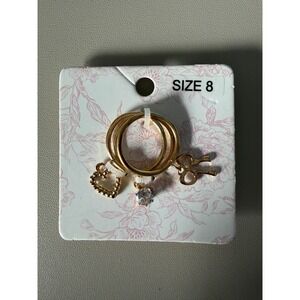 Francesca's Girly Icons Gold Tone Heart Bow Crystal Charm Ring Set 3pc Size 8